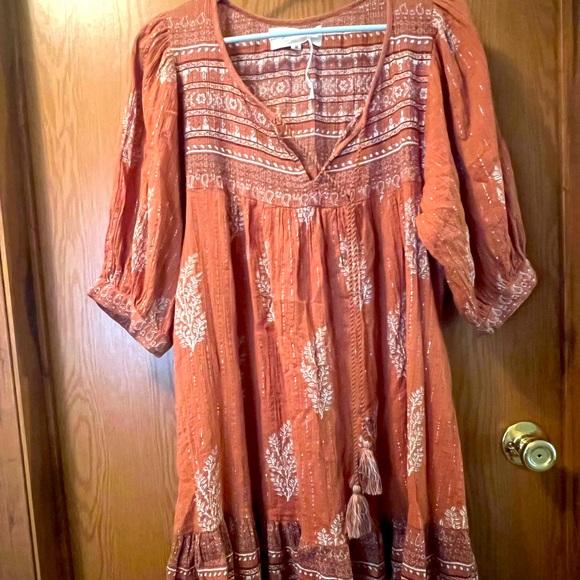 Daughters of India Mishka Mini Dress Chai Size Medium Boho Puff Sleeve Cotton - Picture 1 of 13